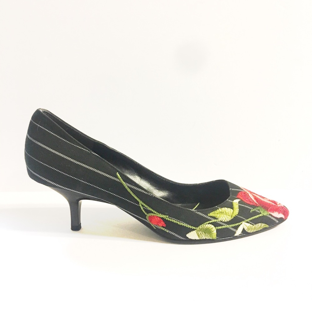 Beverly Feldman Embroidered Rose Pinstripe Pumps